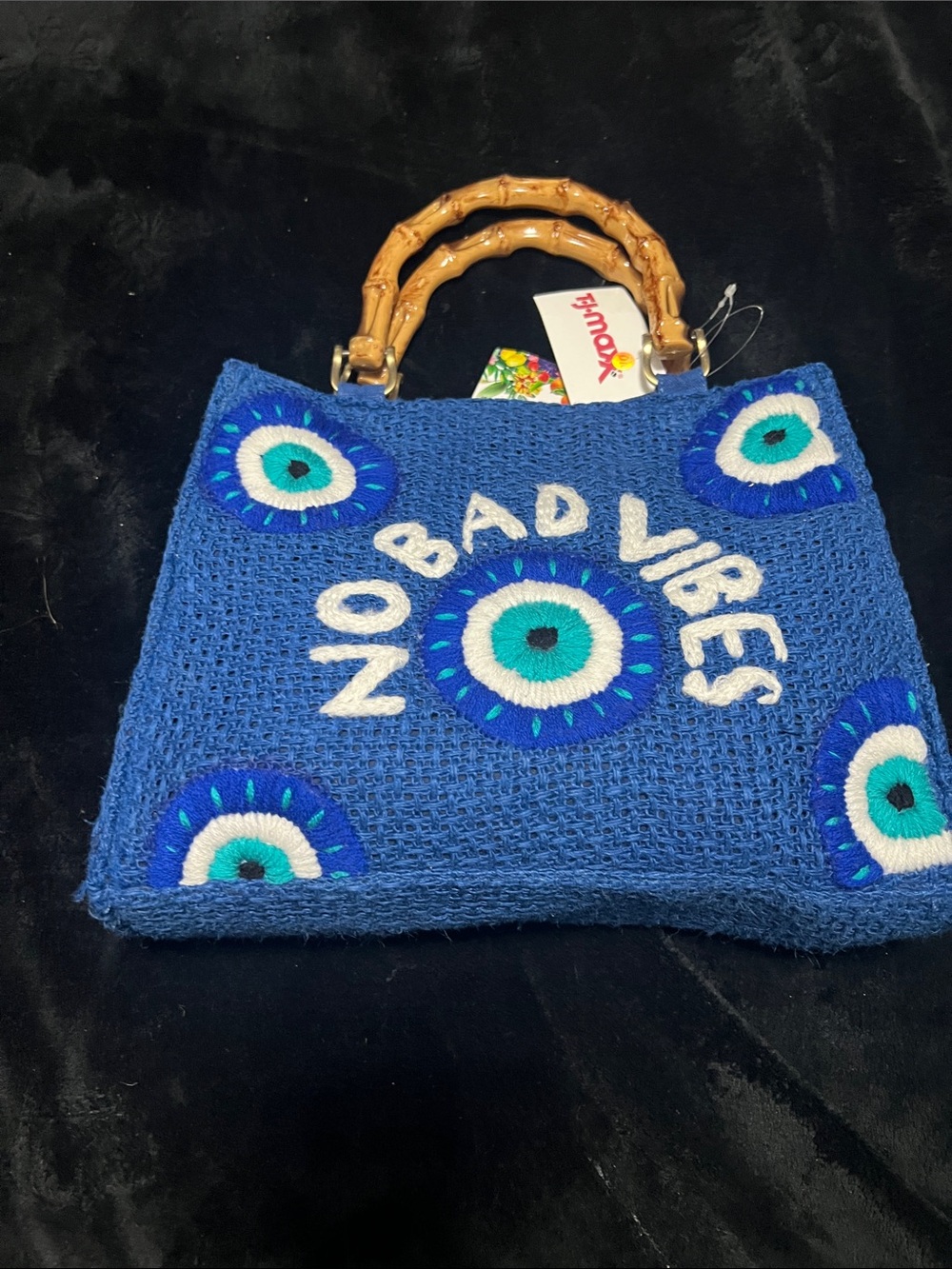 T.J.Maxx Blue Crochet 'No Bad Vibes' Tote with Bamboo Handles